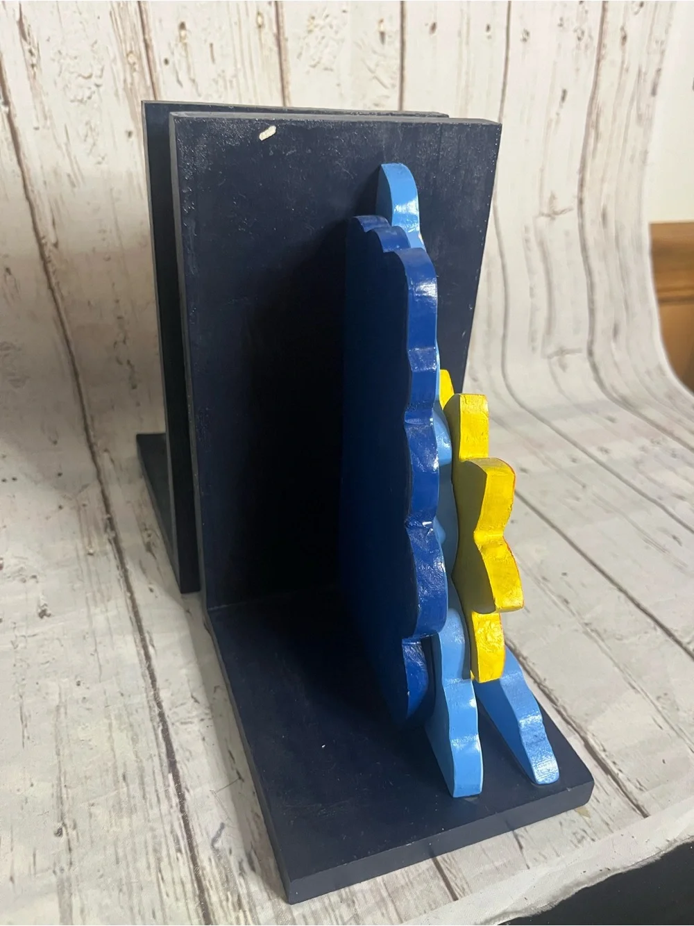 Vintage Celestial Folk Art Hand Painted Sun & Star Wood Bookends